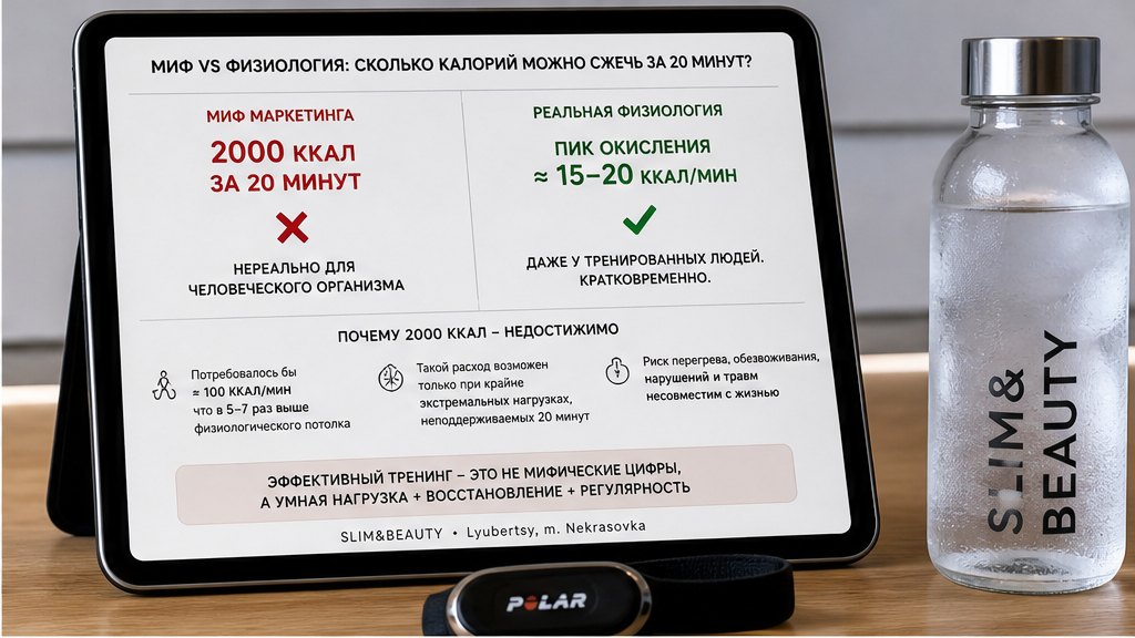 Инфографика: миф 2000 ккал за 20 минут против физиологического потолка окисления