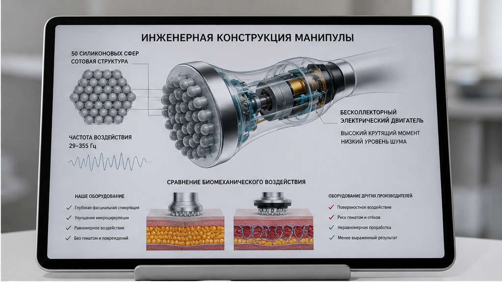 Схема компрессионной микровибрации: частота 29–355 Гц, силиконовые сферы и вес манипулы около 2 кг