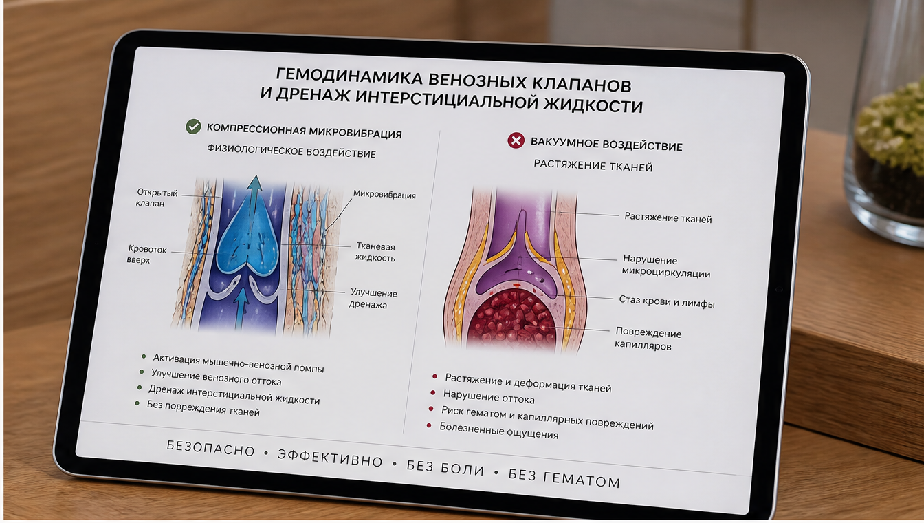 Схема: отрицательное давление вакуума растягивает ослабленную венозную стенку при сосудистой сетке