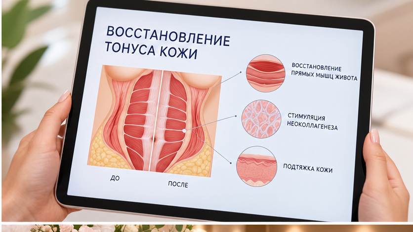 Схема послеродового живота: белая линия, диастаз, растянутый кожный лоскут и отёк гиподермы