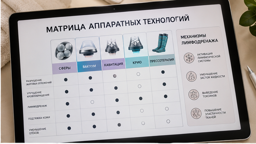 Инфографика: физические факторы аппаратной коррекции – вакуум, кавитация, криолиполиз и компрессионная микровибрация сферами