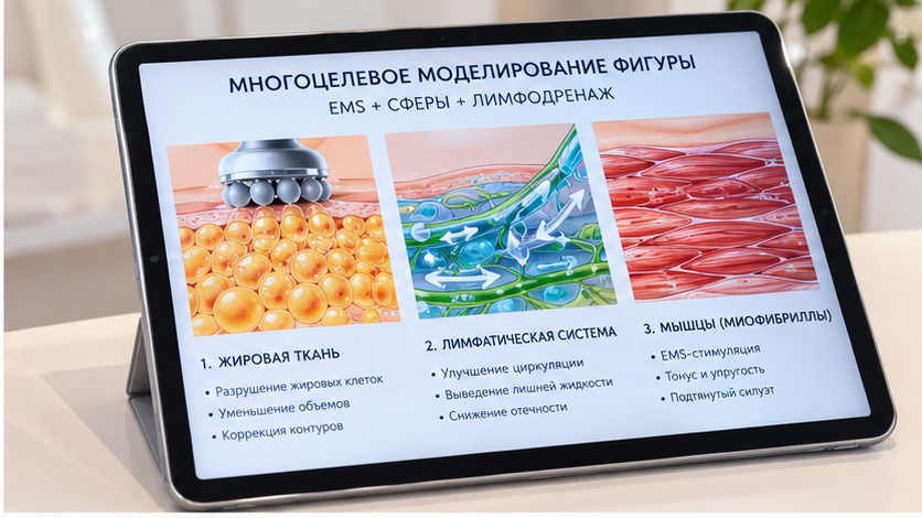 Инфографика трёх мишеней аппаратной коррекции фигуры: подкожный жир, застойная лимфа и мышечный каркас