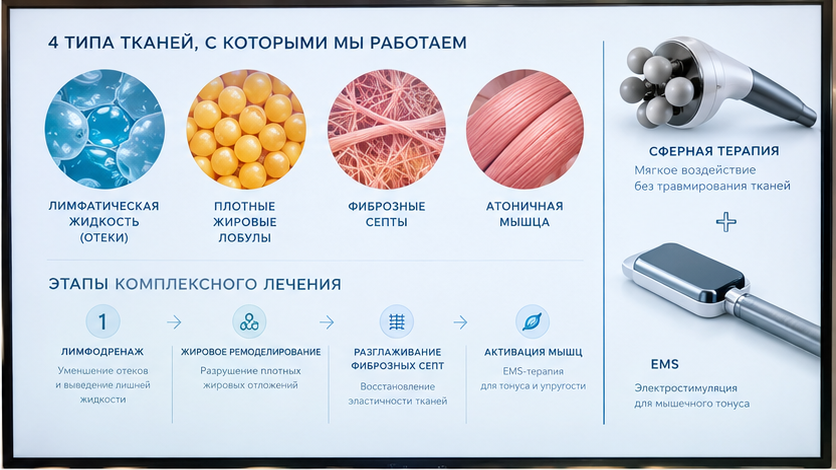 Инфографика четырёх типов тканей: отёчная, плотная жировая, фиброзная и атоничная