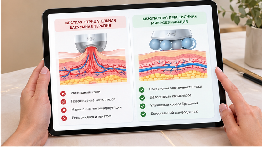 Схема: вакуум втягивает кожу на 1–1,5 см и растягивает дерму при жёстких фиброзных септах III–IV стадии