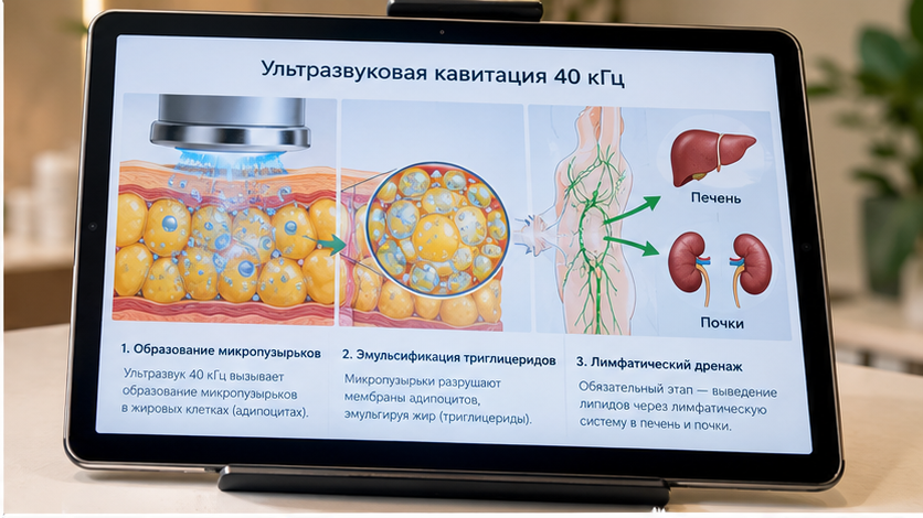 Схема акустической кавитации: пузырьки 38–42 кГц, микровзрыв и перфорация мембраны адипоцита