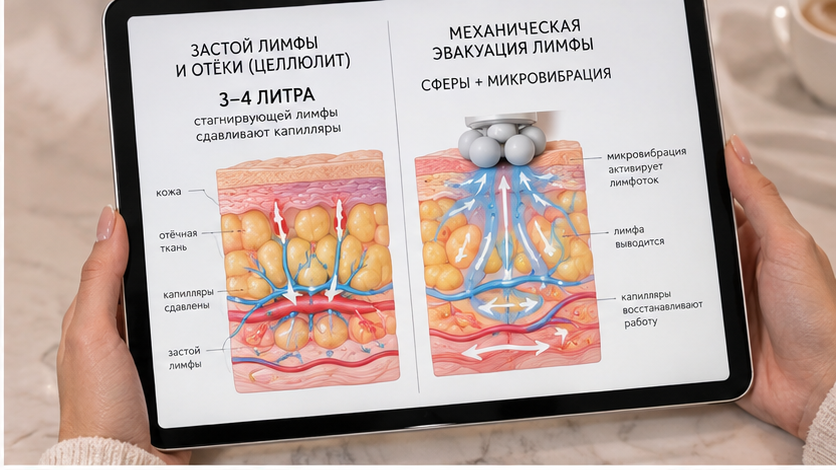 Схема интерстициального отёка гиподермы: жидкость между адипоцитами при отечном целлюлите
