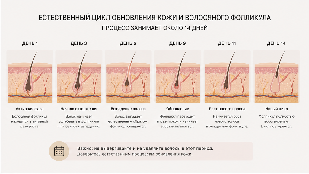 Схема экструзии: коагуляция сосочка, стержень в канале, выталкивание эпидермисом за 10–21 день