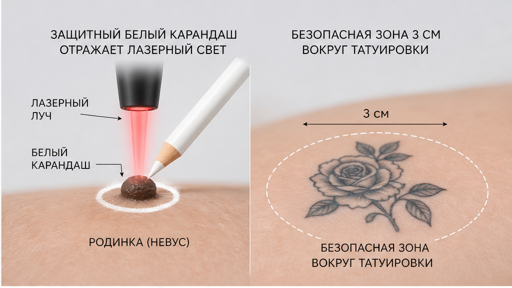 Схема selective photothermolysis: лазер ищет хромофор; меланин невуса и пигмент тату конкурируют с фолликулом
