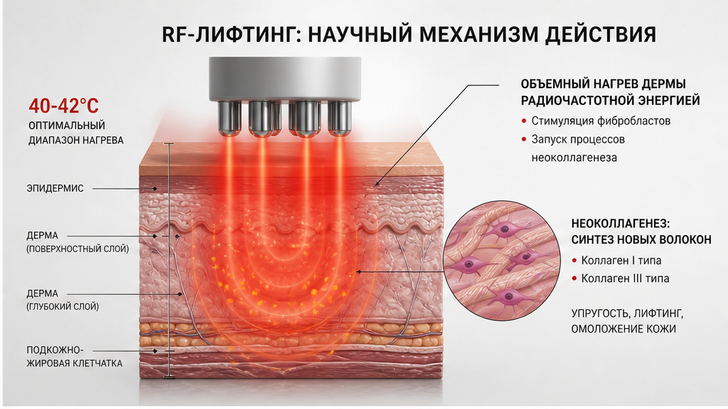 Схема RF-диатермии: ток 0.5–5 МГц встречает импеданс дермы и гиподермы, эпидермис остаётся прохладным