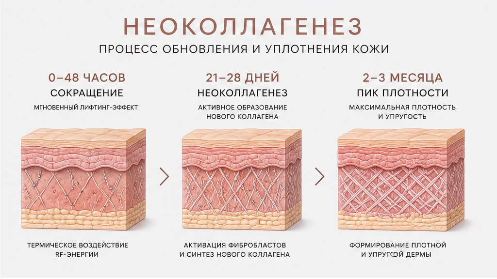 Схема асинхронности дермы: 24–48 часов наполненность, 21–28 дней коллаген I типа, пик через 2–3 месяца