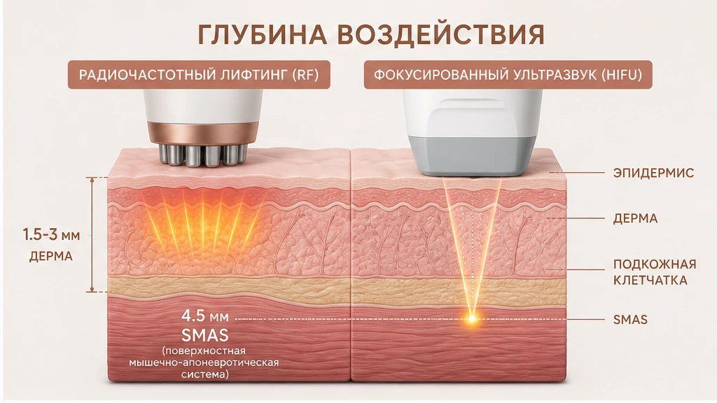 Схема слоёв лица: RF объёмный прогрев дермы 1.5–3.0 мм vs SMAS-HIFU точечная коагуляция до 4.5 мм