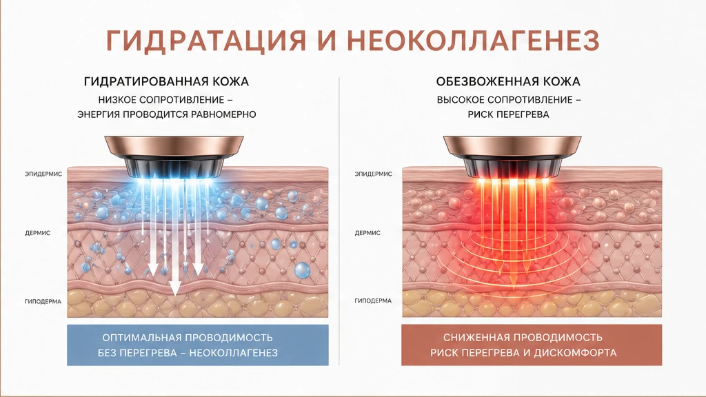 Схема импеданса: вода и электролиты проводят RF в дерме, обезвоженный роговой слой перегревается поверхностно