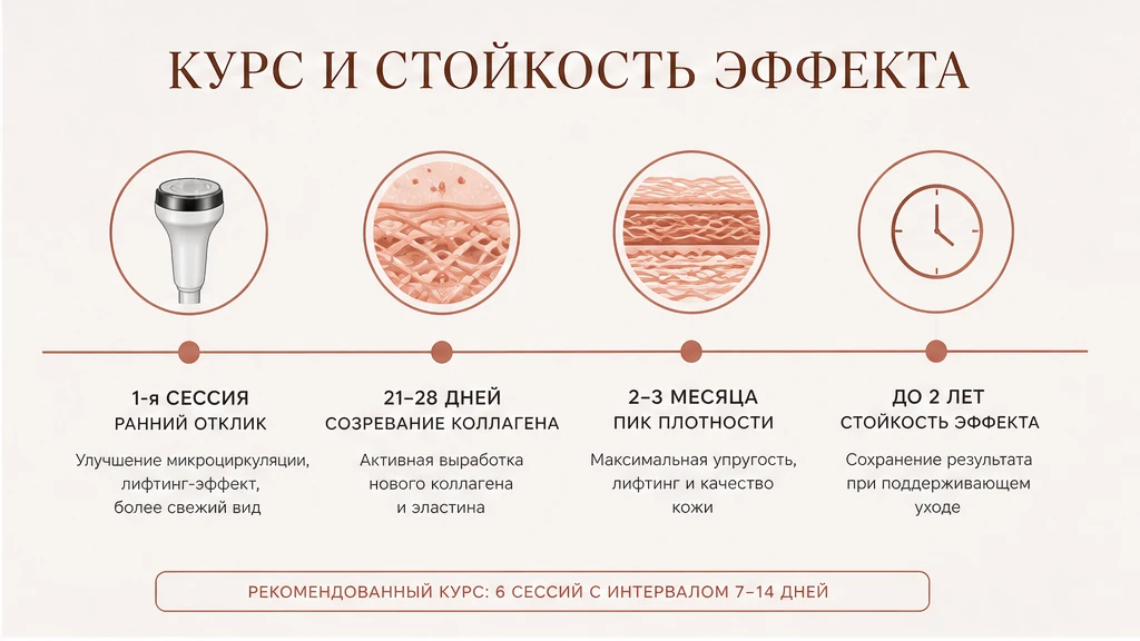 Лифтинг выходного дня: сжатие коллагена при 40–42 °C и спад эффекта за 3–5 дней без курса
