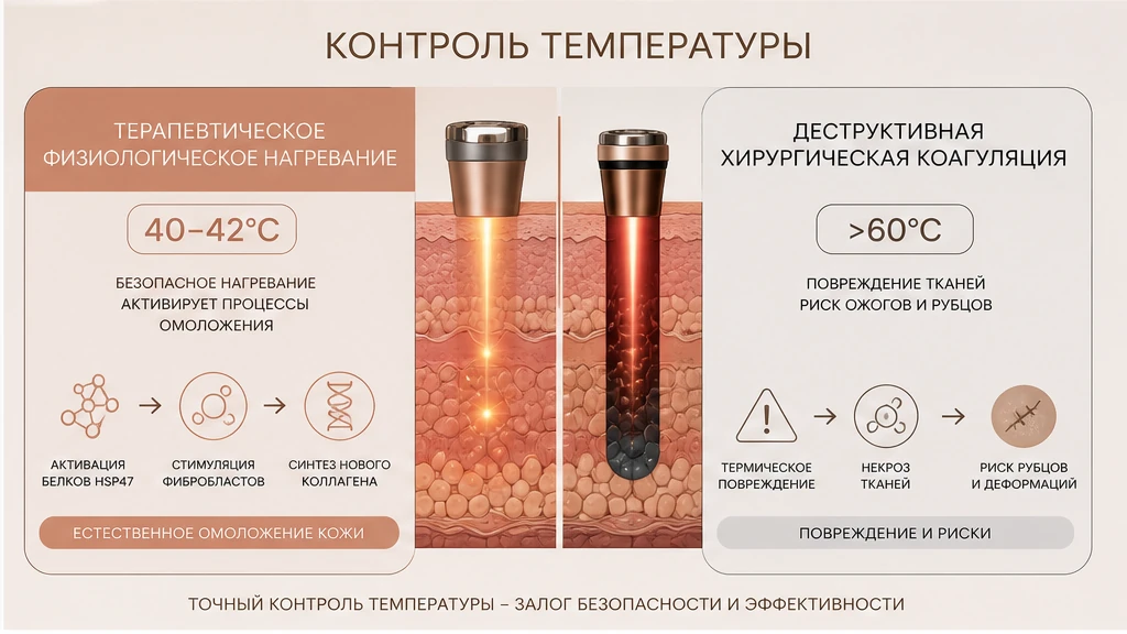 Инфографика: хирургическая коагуляция 60–80 °C против эстетического RF 40–42 °C и HSP47