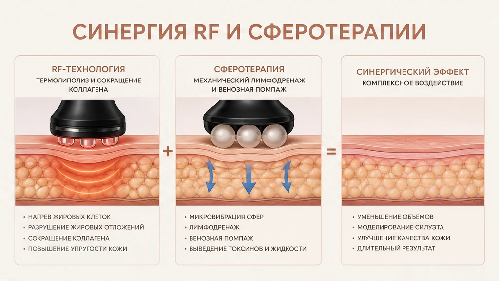 Две тканевые мишени: RF-диатермия жира и коллагена плюс дренаж сферотерапией