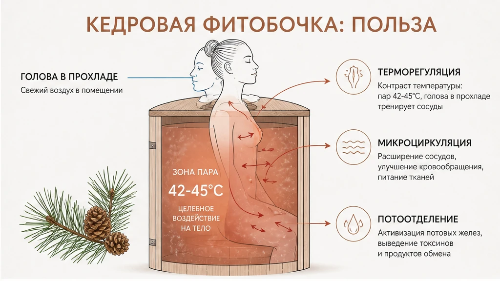 Кедровая фитобочка: влажный пар 42–45 °C, голова снаружи и периферическая вазодилатация