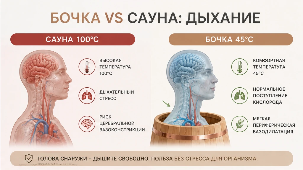 Схема: голова снаружи кедровой бочки и дыхание комнатным воздухом против сухого жара сауны