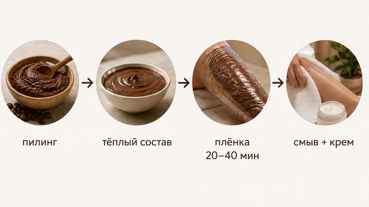 Салонное шоколадное обертывание: тёплый состав какао под плёнкой, не десерт и не липолиз