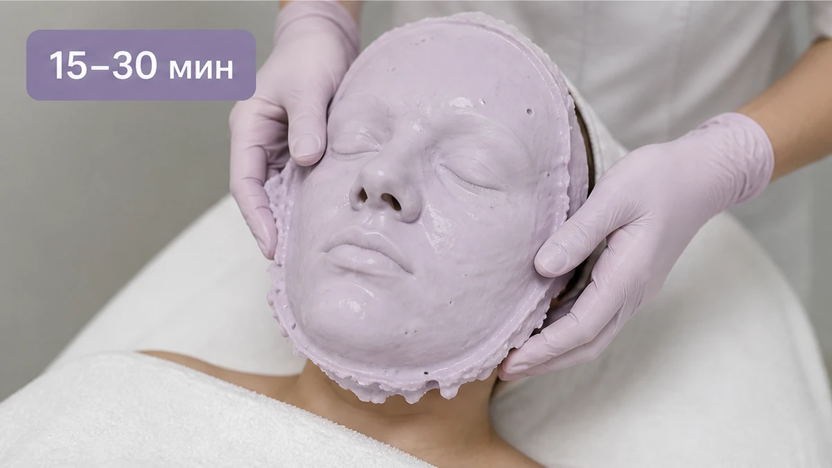 Слой альгината шпателем лёжа снизу вверх, толщина 3-5 мм