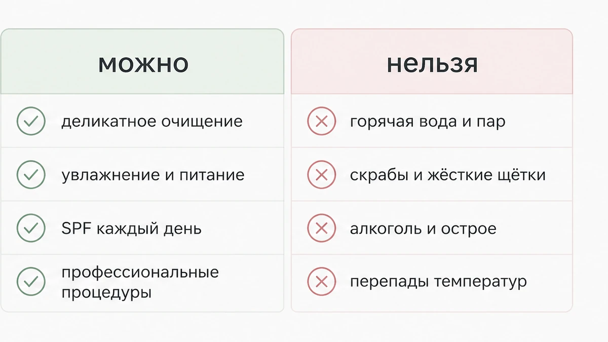 Схема: пар и давление расширяют капилляры на щеках, стоп бани и вакуума