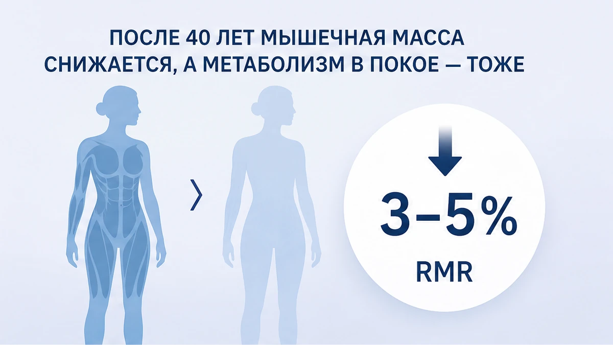 Инфографика: потеря мышц после 40 и базовый обмен, подписи 3–5% и RMR