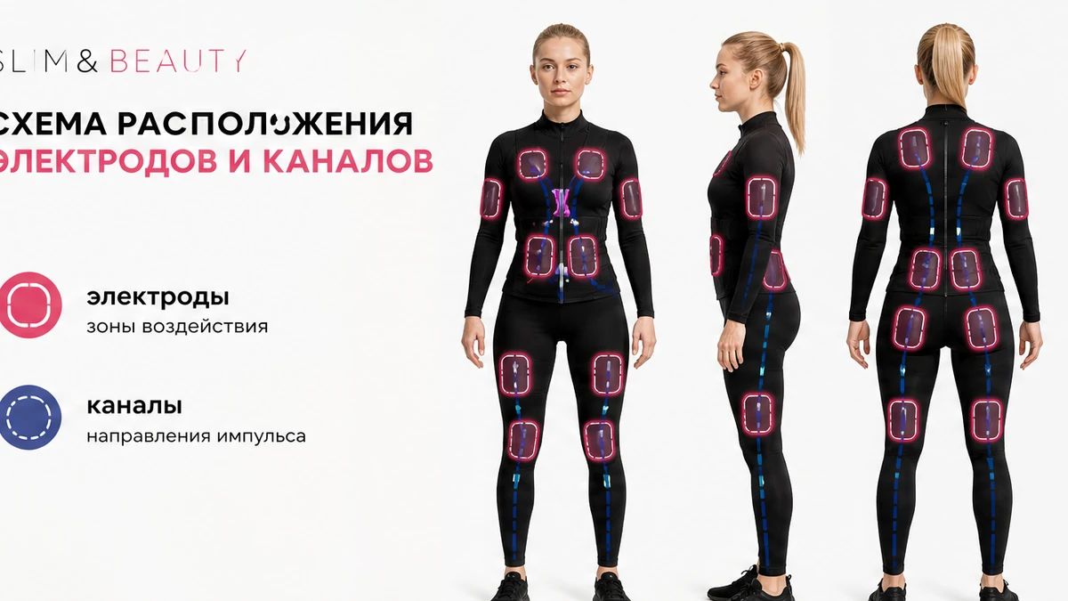 Инфографика посадки электродов и каналов EMS: зоны мышц и ручная настройка импульса