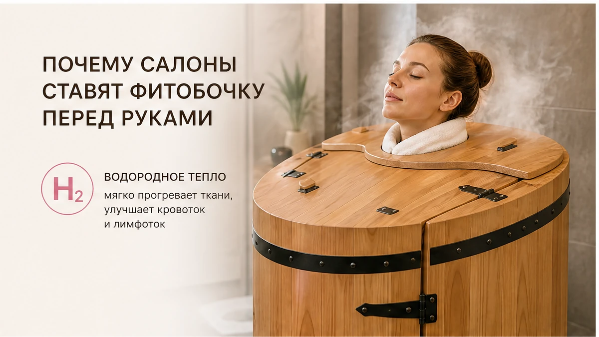 Женщина в кедровой фитобочке: голова снаружи, тело в пару, полотенце