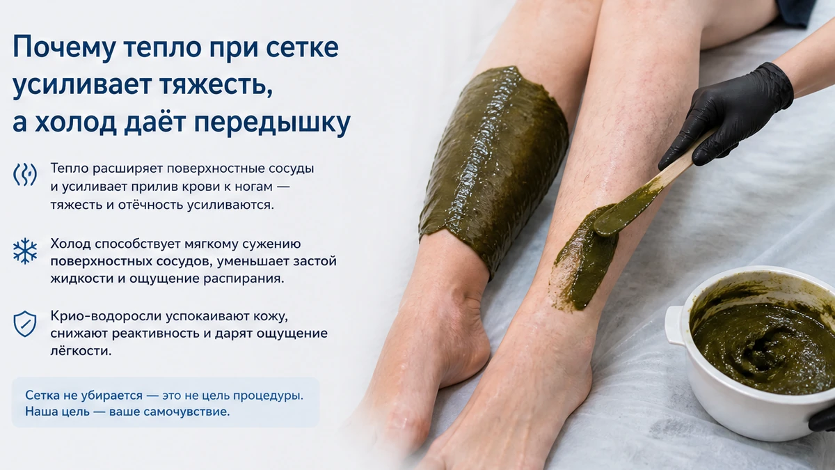 Холодное водорослевое обертывание голеней: прохладный состав без тугой плёнки
